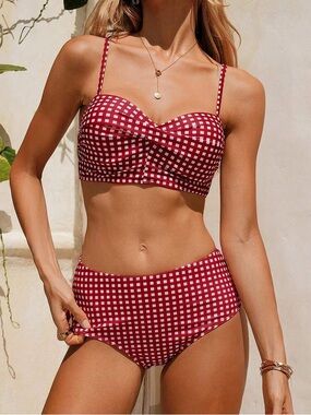 Classic Red Gingham High-Waist Bikini Set